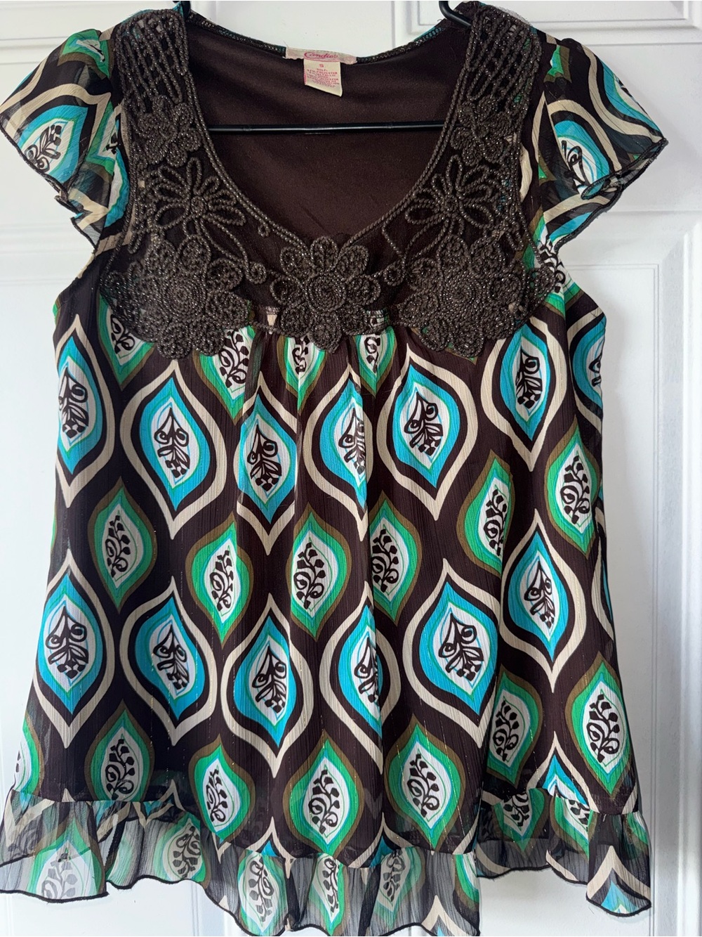 Vintage Candies Brown Floral Lace-Trim Printed Blouse - Turquoise & Green